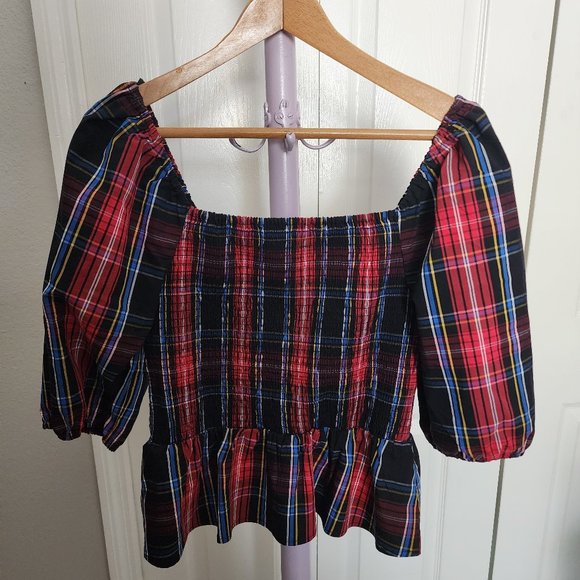Draper James Tops - Draper James RSVP Elbow Sleeve Smocked Peplum Top, Size M, Plaid